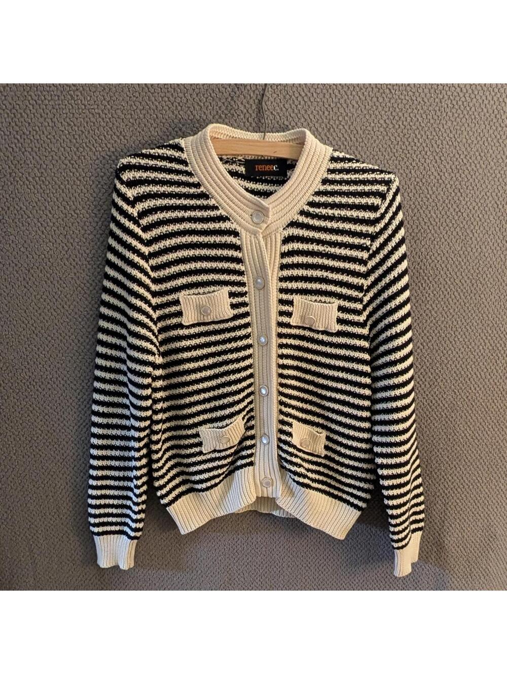 Renee C Black & Cream Striped Knit Cardigan Sweater – XL